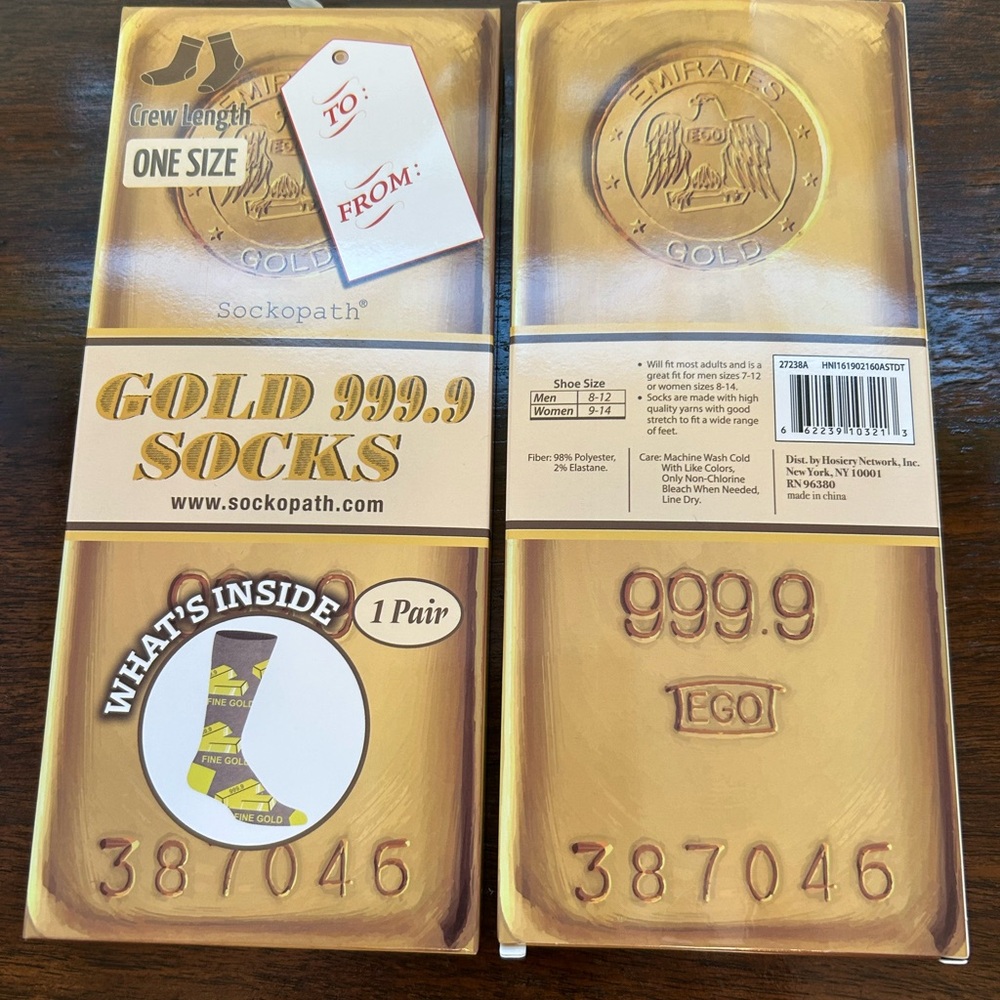 Gold Bar Novelty Socks Gold 999.9 Crew NIB Two Pair